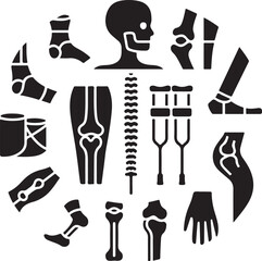 Orthopedic icons, bone fracture, leg cast, spine skeleton, knee joint, injury bandage, medical crutch, foot anatomy