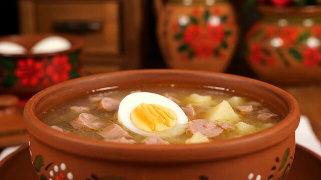 Traditional Polish Easter soup Zurek with white sausage. Hand placing a boiled egg into sour rye soup in a clay bowl