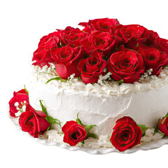 Elegant white cake decorated with vibrant red roses and delicate baby's breath