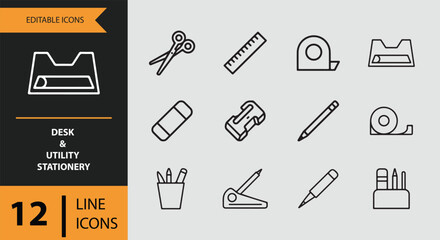 Obraz premium Desk and utility stationery line icons for office, school, and creative work supplies