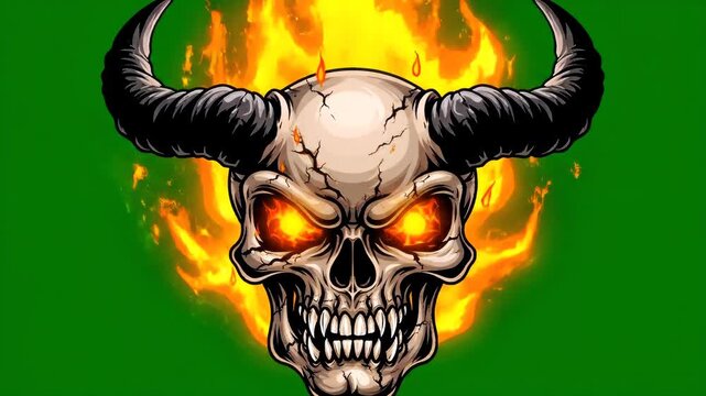 Flaming Demon Skull with Curved Horns Burning on Green Screen Creating Dark Fantasy Visual Animation Video