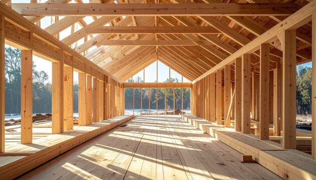 New Timber Frame Home Construction with Sunlight Streaming Through.