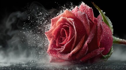 Frozen red rose flower shattering into small particles and dust, Conceptual 3D illustration of lost love, sadness and fragile beauty in dark winter.