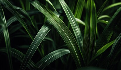 Close up of lush green leaves in the dark.