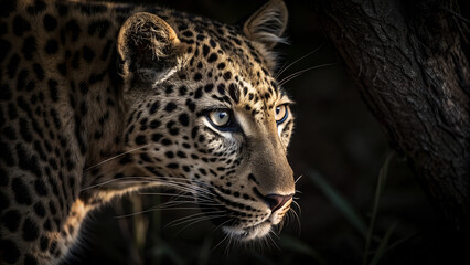 Obraz premium Dark Leopard Eyes Emerging from Shadow