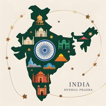 Illustrated map of india featuring famous landmarks and cultural symbols