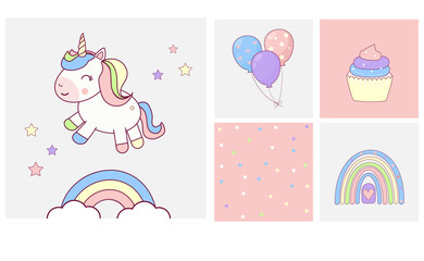 Fototapeta premium Unicorn card posters for celebration,kids birthday, Cute Unicorn Posters.