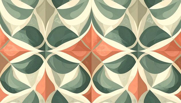 Seamless repeating pattern with abstract floral and geometric shapes in a retro midcentury modern style sage green burnt orange and cream colors wallpaper background texture
