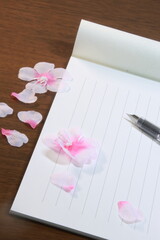 日本の春のイメージ：机の上に置かれた便箋、万年筆、桜の花びら(縦長)