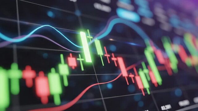 Colorful candlestick chart stock market financial graph trading screen analysis of forex investment price action volatility digital display technology abstract background glowing line trend dynamic