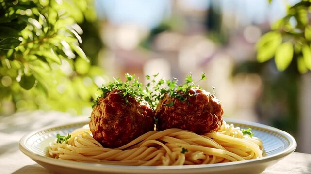 A plate of pasta with meatballs sits on a table surrounded by green leaves. The background shows a sunny street with buildings and trees. It is a bright day filled with good food.