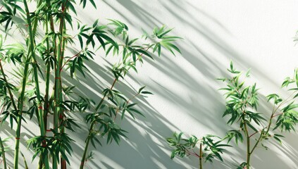 Bamboo plants against a wall with shadows.