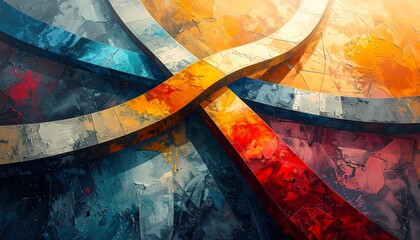 Abstract art featuring intersecting geometric curves with stone textures, blending blue, gray, red, and gold tones. Symbolizing connection, balance, and energy in modern contemporary design.