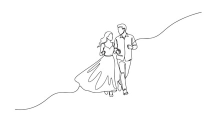 A Couple In Love Walking Together Hand In Hand With Minimalist Line Art Design