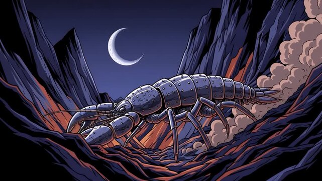 Giant pixel art lobster monster crawling through a dark mountainous valley