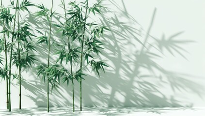Tall green bamboo plants casting shadows on a white surface.
