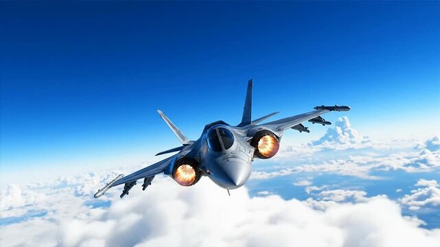 Jet aircraft flying high above the clouds against a blue sky background