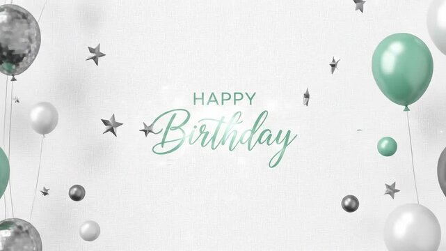 A festive arrangement of teal, silver, and white balloons encircling the words 'Happy Birthday', suitable for various age celebrations and party decorations.