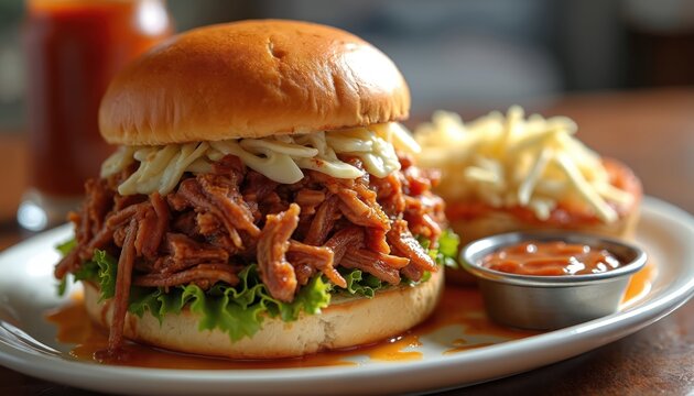 Juicy pulled pork sandwich with creamy coleslaw on a soft bun. Served with baked beans and dipping sauce. A hearty meal ideal for lunch or dinner.