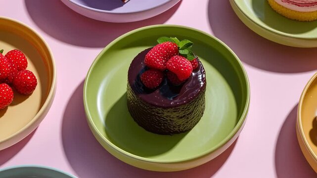Different types of desserts sit on various plates along with fresh fruits. The bright colors make the food stand out. This setup is perfect for a dessert table.