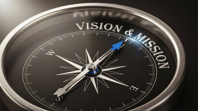 Close-up generic a compass pointing to vision and mission as a strategic map for business direction and success