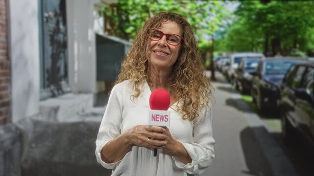 Woman reporter smiling holds red microphone with both hands on a city street beside parked cars and building entrance; confidence live reporting.