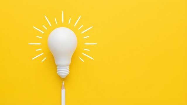 White light bulb glowing with creativity and idea sparks above a pencil on a bright yellow background for success and electric inspiration.