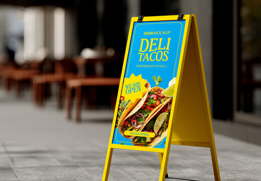 Outdoor A-Frame Sidewalk Sign Mockup in Urban Caf&eacute; Setting
