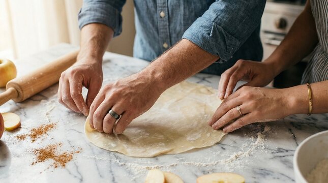 Caring young couple preparing homemade meal for Valentine's Day against a bright kitchen background
