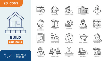 Obraz na płótnie Canvas build line editable icon set. Contain icons related to build, construction, building, architecture, worker, and more. Editable stroke. Vector illustration