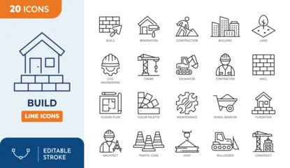 Fotobehang Karaktertjes build line editable icon set. Contain icons related to build, construction, building, architecture, worker, and more. Editable stroke. Vector illustration  © Cetacons