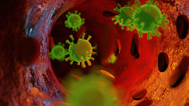 Nipah virus concept. Microscope virus close up, Nipah henipavirus, Hendra virus, newly emerging zoonotic infection with acute respiratory syndrome and severe encephalitis, 3D illustration. See Less
