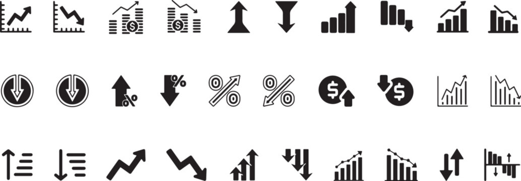 Increase and decrease icon set. Containing growth, fall, up, down icons. Business growth and decline graph symbols, vector illustration.