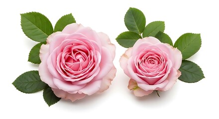 Fototapeta premium Pair of Soft Pink Garden Roses with Fresh Green Leaves on Bright White Background
