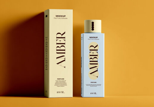 Minimal Perfume Bottle and Box Mockup on Color Background