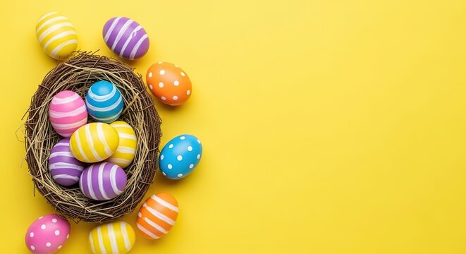 Colorful easter eggs in a bird's nest on yellow background