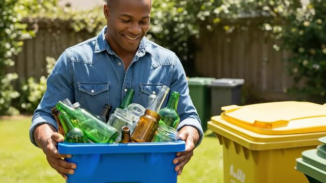 Smiling Black Man in Denim Shirt Holding a Blue Recycling Bin Full of Glass Bottles and Jars in Backyard Environment During Bright Sunny Day