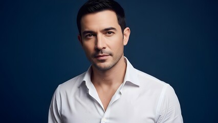 Obraz premium A handsome man in a white shirt posing against a dark blue background