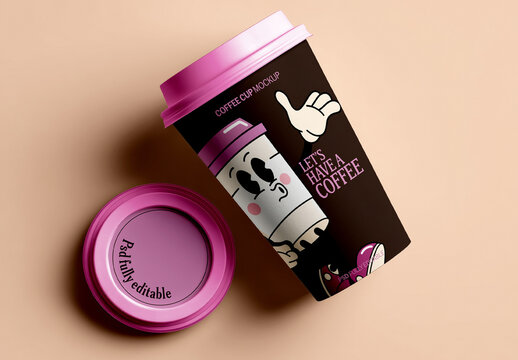 Coffee Cup Mockup with Lid Top View and Angled Perspective
