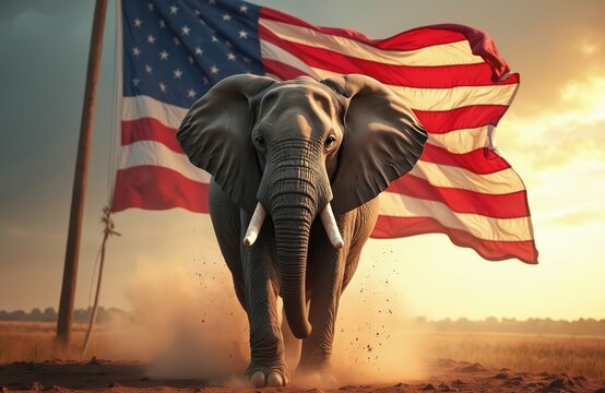 Large elephant marches forward raising dust clouds with American flag waving behind. Symbol of Republican party strength and power in US politics and elections.