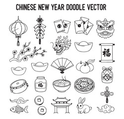 Chinese New Year Doodle Vector, Lunar Festival Illustration, Asian Holiday Icons Set, Hand Drawn Celebration Art, Traditional Chinese Symbols, Festival Clipart Collection, Black And White Doodles

