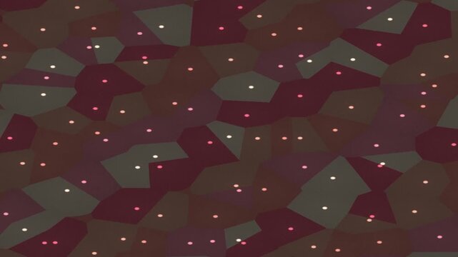 Abstract geometric mosaic with irregular polygons in red, olive, gray tones and tiny white dots. hue