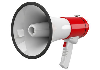 A red and white megaphone on a plain white background for communication and announcement purposes