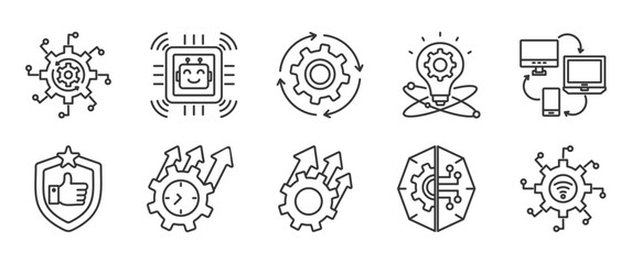 Fototapeta premium Automation icon set collection in outline style. Icon pack contain Automation, Technology, process, innovation, digital, reability, productivity, improvement, AI system, smart system