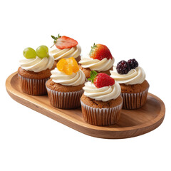 Six cupcakes topped with fruit and cream on wooden tray