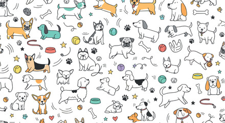 Cute dog doodle pattern with playful puppies, bones, balls, paws, and funny pet characters in colorful seamless vector style © Sanjida