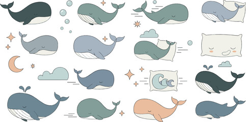 Fototapeta premium Cute whale character set with different poses, emotions, clouds, bubbles, and playful ocean animals in soft pastel kawaii vector style