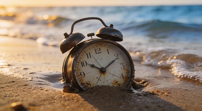 Vintage alarm clock stands on a sandy beach as waves gently lap at the shore during sunrise