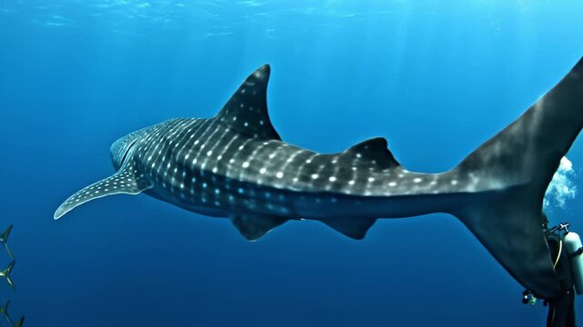 Whale shark ocean underwater marine sea fish wildlife nature blue scenery with scuba diver snorkeling exploration adventure gentle giant gliding through clear peaceful water