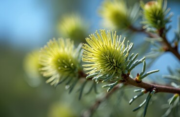 Obraz premium Close up of silver banksia twig with yellow blooms. Blurred background of blue sky and green foliage. Macro shot captures delicate plant structure and fresh growth.